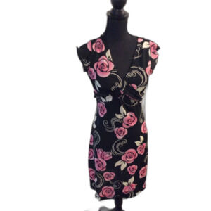 Y2K Roses girl romantic V neck cap sleeve Small women's dress black pink stretch